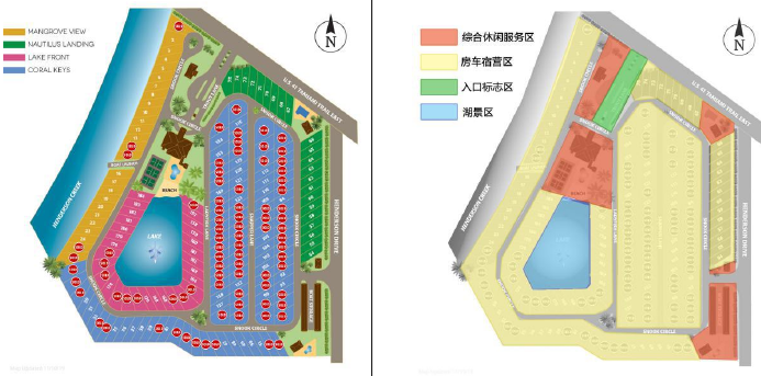 美國(guó) MOTORCOACH RESORT 營(yíng)地總體規(guī)劃(左)及功能分區(qū)圖(右) 美國(guó) MOTORCOACH RESORT 營(yíng)地總體規(guī)劃(左)及功能分區(qū)圖(右)