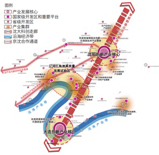 遼寧省“兩核兩區、雙軸多廊”的產業空間總體格局示意圖 遼寧省“兩核兩區、雙軸多廊”的產業空間總體格局示意圖