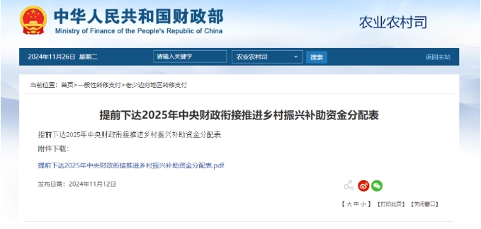 提前下達2025年中央財政銜接推進鄉村振興補助資金 提前下達2025年中央財政銜接推進鄉村振興補助資金